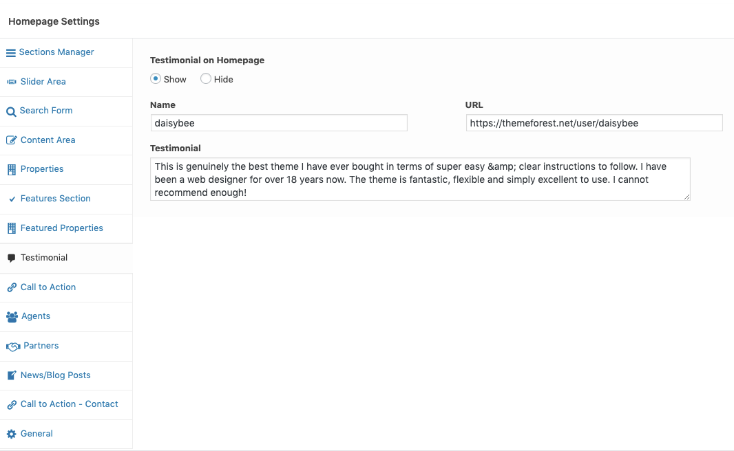 Testimonials Settings